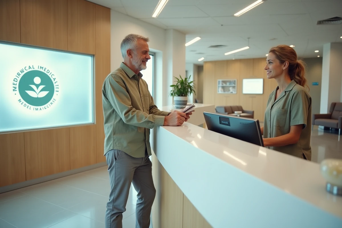 Patient retirant une brochure santé à l'accueil d'un centre d'imagerie médicale moderne