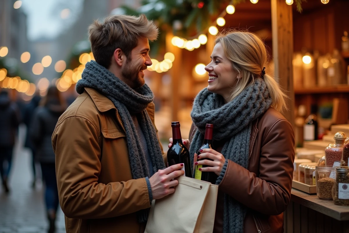 Couple faisant leurs achats de Noël dans un marché de fête en soirée en décembre