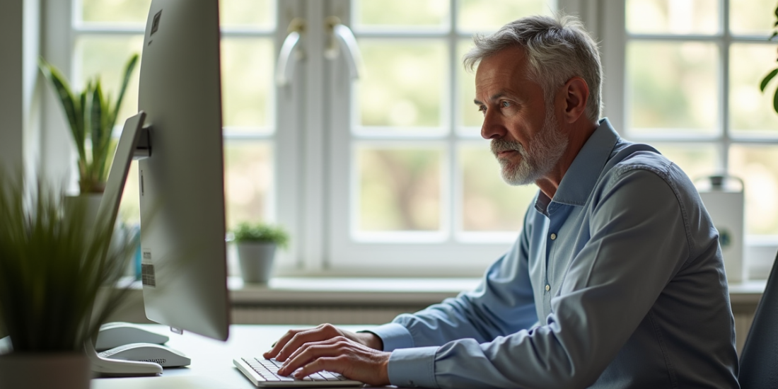 Adult mature utilisant l'Agendis 62 dans un bureau lumineux