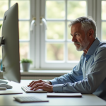 Adult mature utilisant l'Agendis 62 dans un bureau lumineux