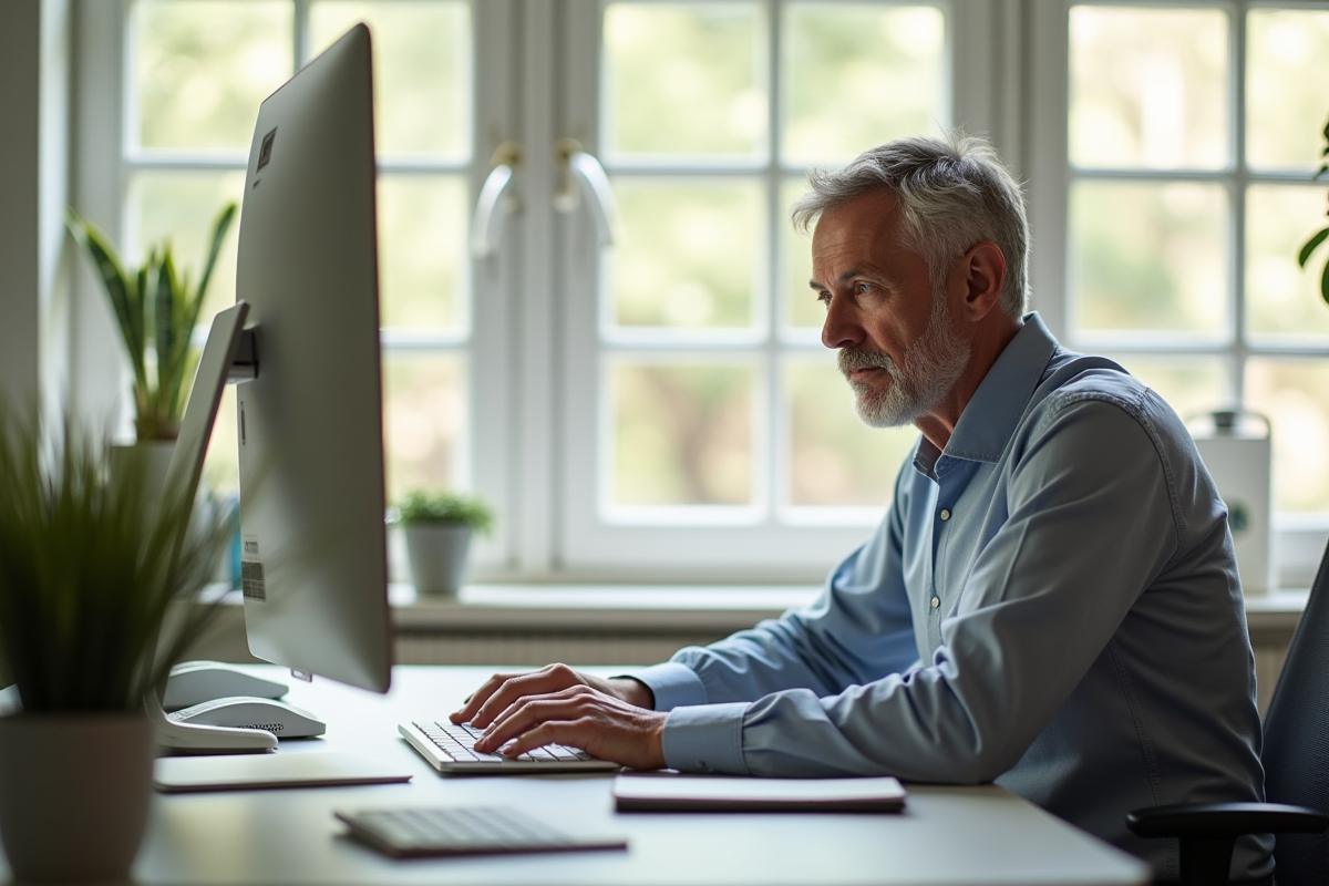 Adult mature utilisant l'Agendis 62 dans un bureau lumineux