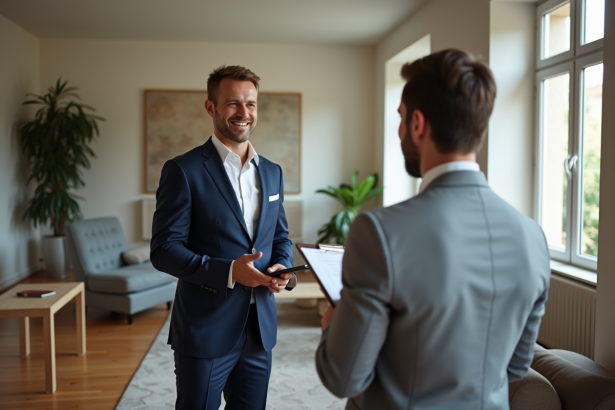 Agent immobilier souriant dans un salon lumineux et moderne