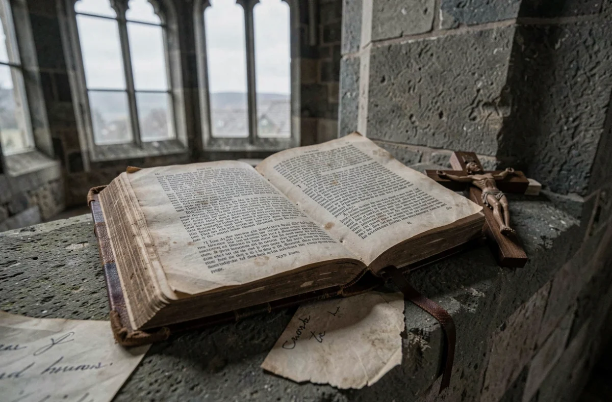 Livre de vers du XVIIIe siècle ouvert sur un rebord en pierre avec un crucifix en bois dans une chapelle gothique, symbolisant le dialogue entre littérature, foi et philosophie chez Alexander Pope