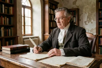 Portrait d'un lettré du XVIIIe siècle assis à un bureau en chêne avec des manuscrits, une Bible et des textes philosophiques, illustrant la réflexion d'Alexander Pope sur foi et raison