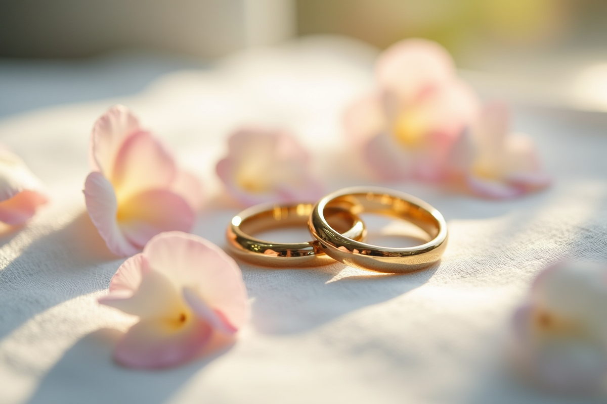 Alliances de mariage sur une serviette avec pétales délicats