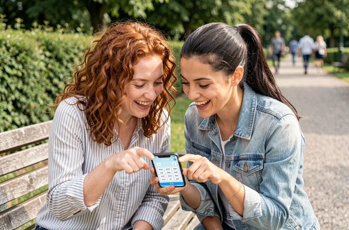 Deux amies découvrant ensemble une application de jeu sémantique sur mobile dans un parc urbain