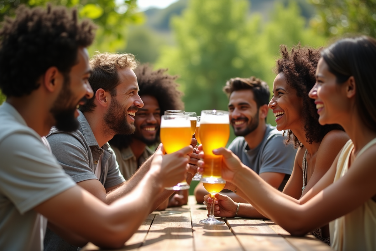 Groupe d amis dégustant des IPA en extérieur dans un jardin ensoleille