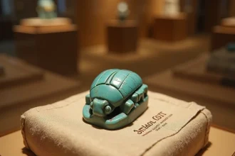 Amulette scarabée égyptien ancienne en faïence turquoise exposée dans une vitrine de musée avec étiquette manuscrite