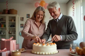 Couple souriant coupant un gâteau d anniversaire en intérieur