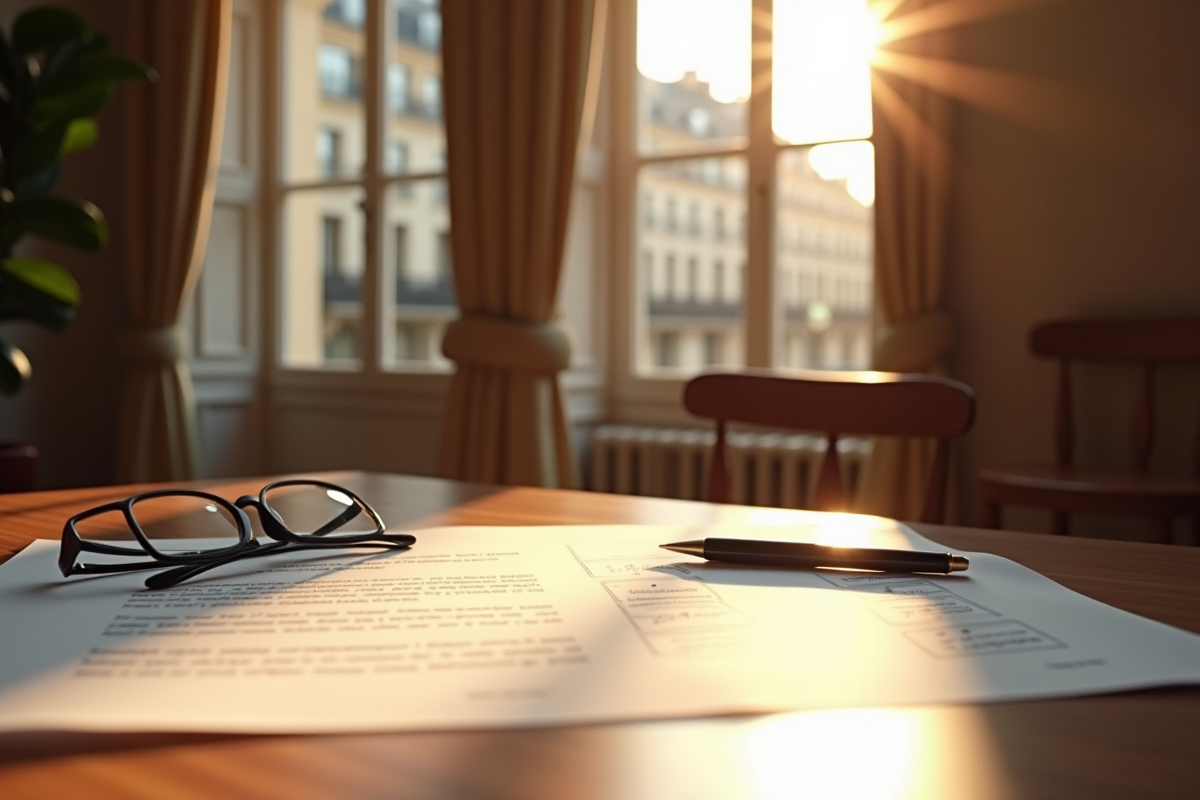 Intérieur d appartement parisien avec documents légaux sur la table