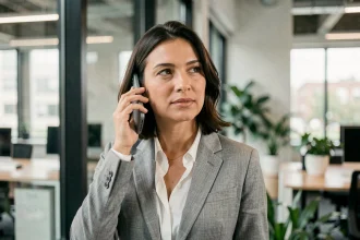 Femme d'affaires passant un appel téléphonique international entre la Belgique et la France dans un bureau moderne