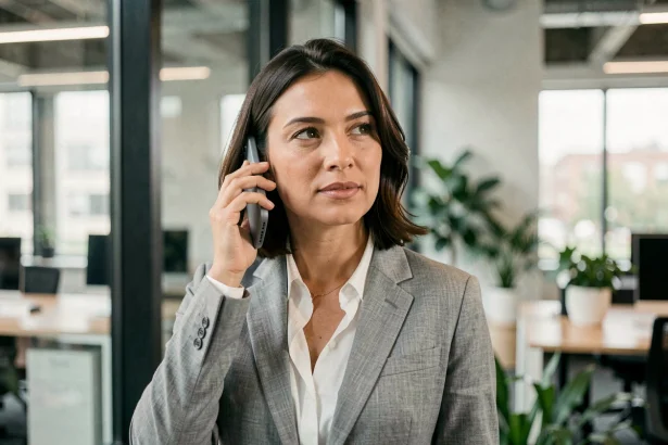 Femme d'affaires passant un appel téléphonique international entre la Belgique et la France dans un bureau moderne