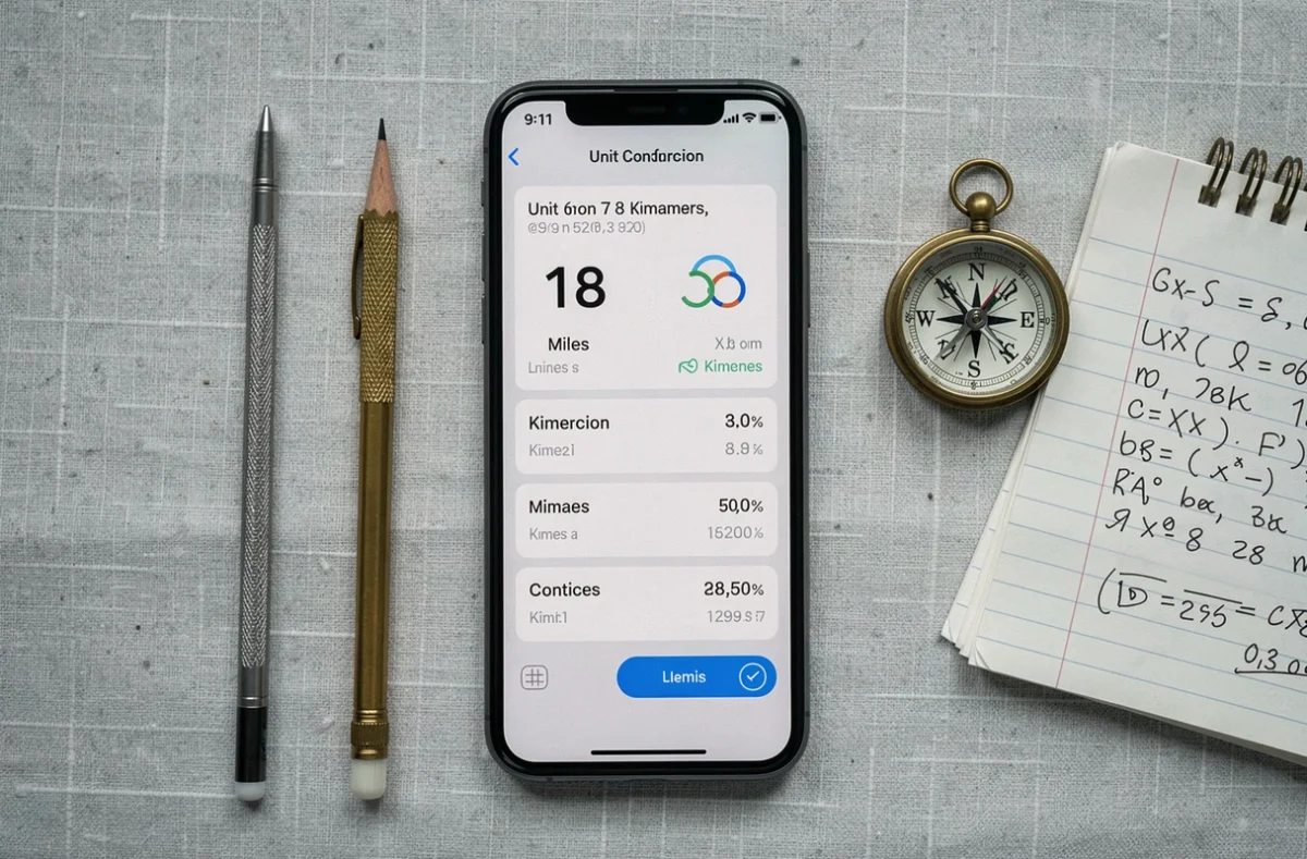 Vue de dessus d'un smartphone affichant une application de conversion miles kilomètres avec un carnet de calculs et une boussole