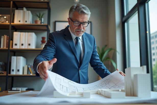 Architecte en costume bleu montrant des plans d'urbanisme