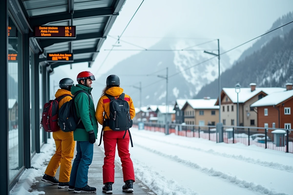 Groupe de skieurs attendant le tram à un arrêt de Grenoble avec tableau d'affichage des horaires et montagne enneigée