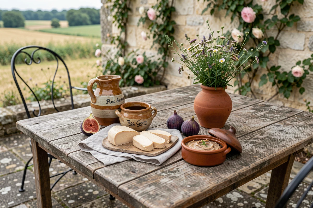 Table de dégustation gasconnaise dressée en terrasse avec foie gras, Floc de Gascogne et produits locaux du Gers dans le cadre d'un week-end bien-être à Eauze