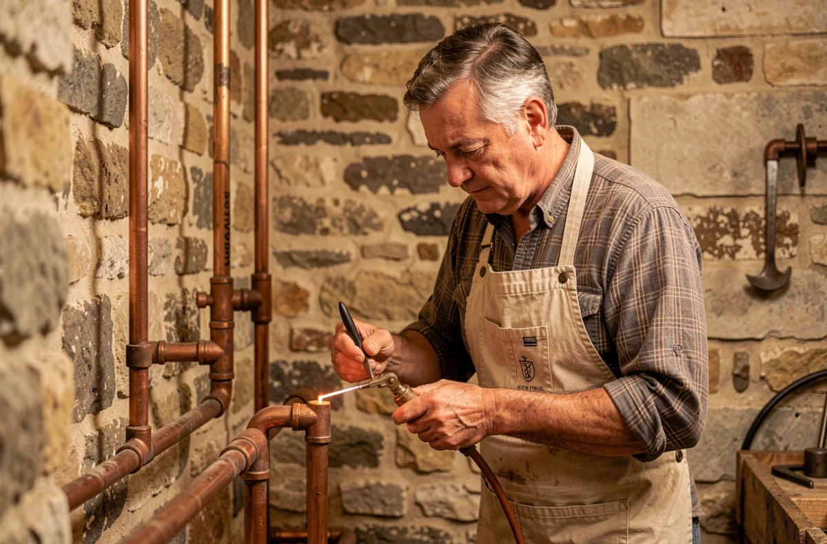 Artisan plombier aubois soudant des tuyaux en cuivre dans une cave en pierre typique de Troyes