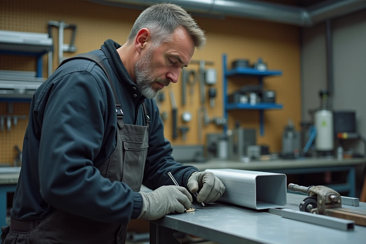 Artisan métallier mesurant un tube carré en aluminium dans un atelier de fabrication de portails
