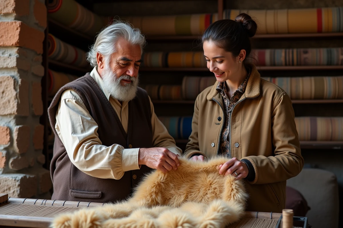 Artisan montrant la texture d’un châle en vicuña à un client