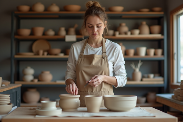 Femme examinant des outils de poterie dans un atelier