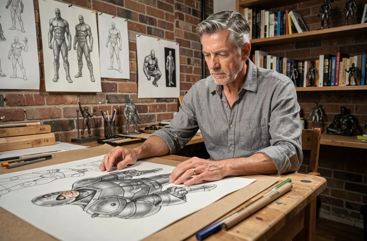 Artiste conceptuel dessinant des croquis d'un personnage de super-vilain masqué dans un atelier créatif