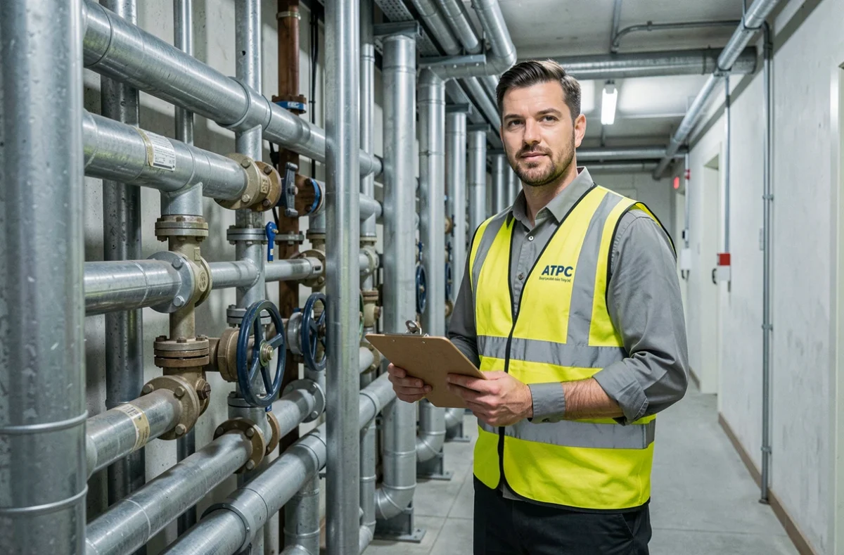 Technicien ATPC contrôlant un réseau de tuyauterie industrielle dans un bâtiment commercial à Troyes