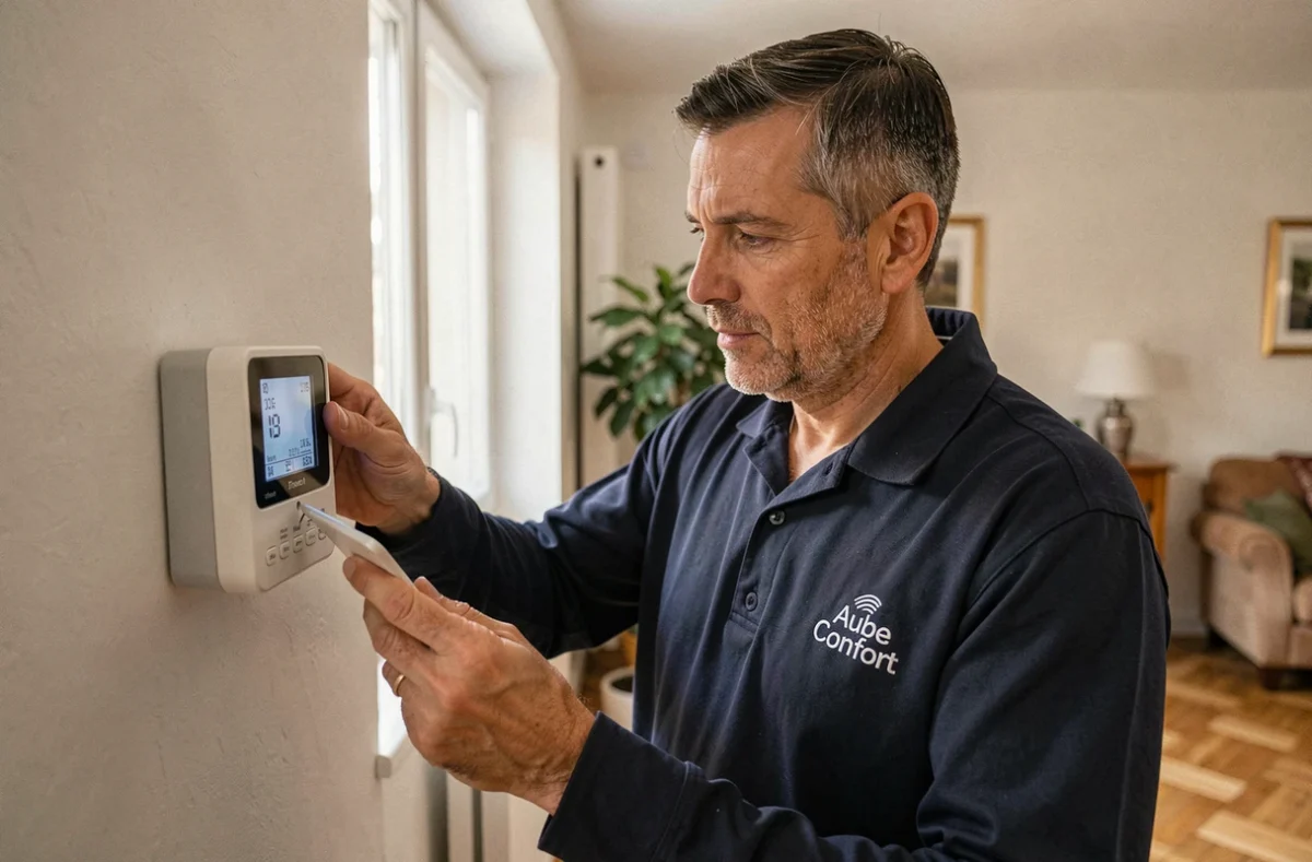 Technicien d'Aube Confort Thermique réglant un thermostat programmable dans un salon à Troyes