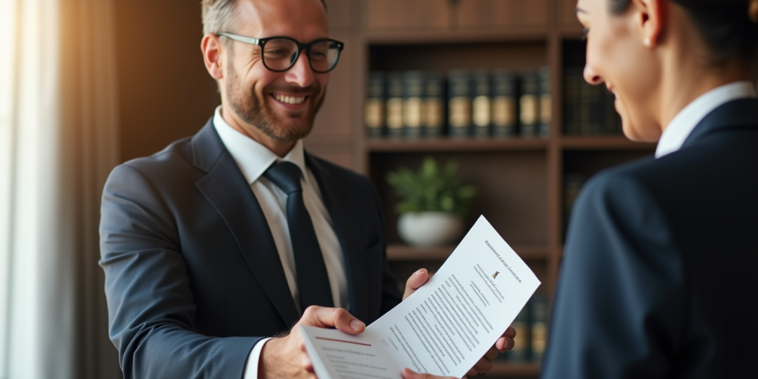 Avocat élégant remettant des clés et contrat au locataire