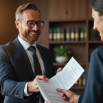 Avocat élégant remettant des clés et contrat au locataire