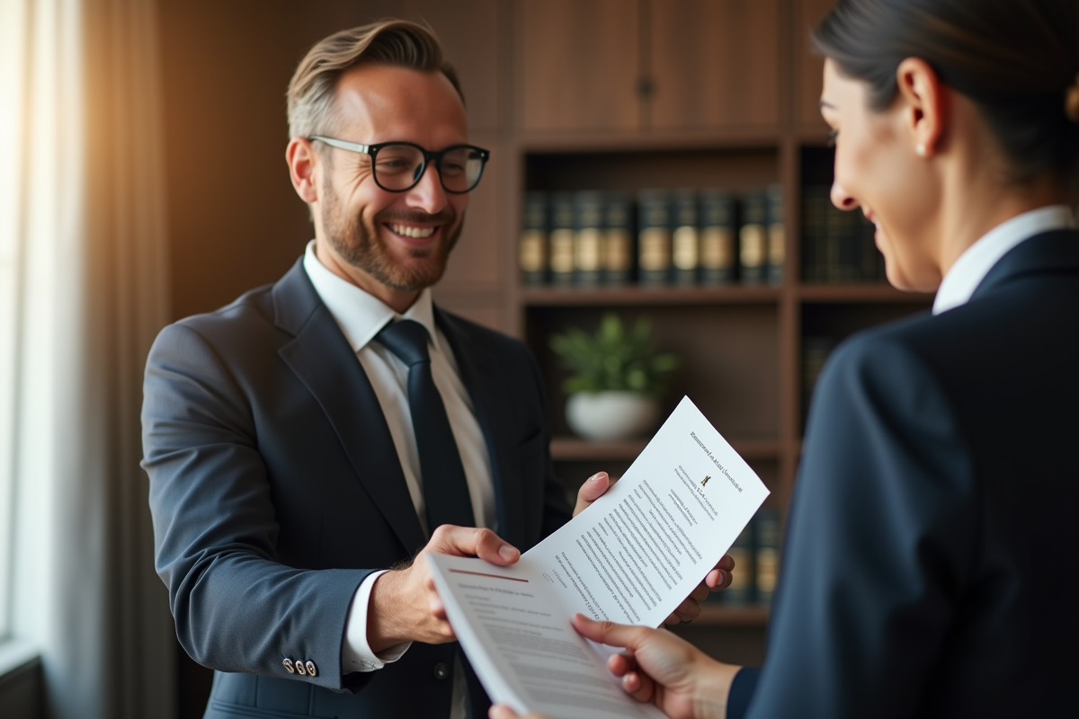 Avocat élégant remettant des clés et contrat au locataire