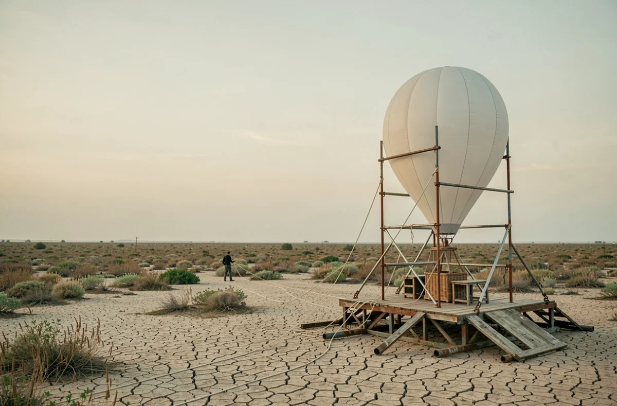 Ballon à hydrogène sur une plateforme de lancement improvisée dans un paysage terrestre dévasté, scène évocatrice du film de SF IO