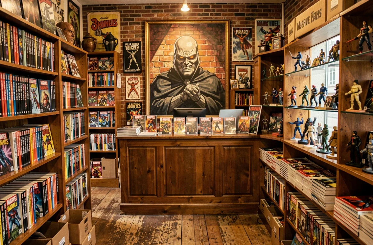 Intérieur d'une boutique de comics Marvel avec portrait de Docteur Doom sur un mur en briques