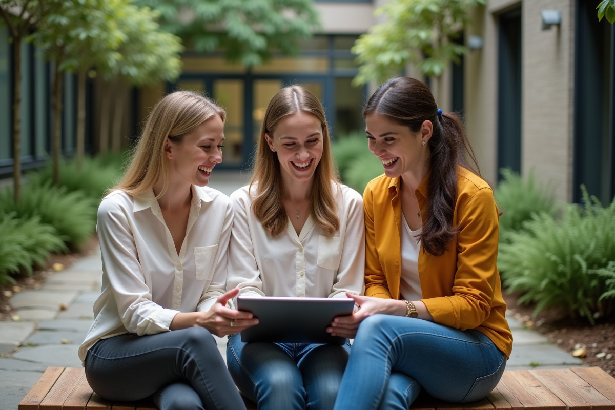 Trois collègues discutant dans un patio extérieur convivial