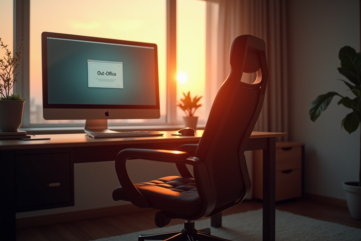 Bureau vide au matin avec chaise et ordinateur éteint