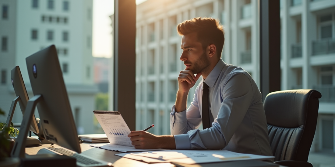Employe penseur dans un bureau moderne en pleine réflexion
