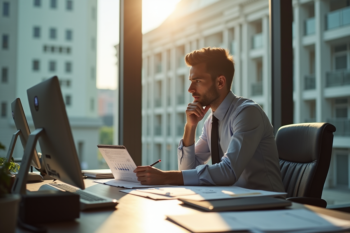 Employe penseur dans un bureau moderne en pleine réflexion