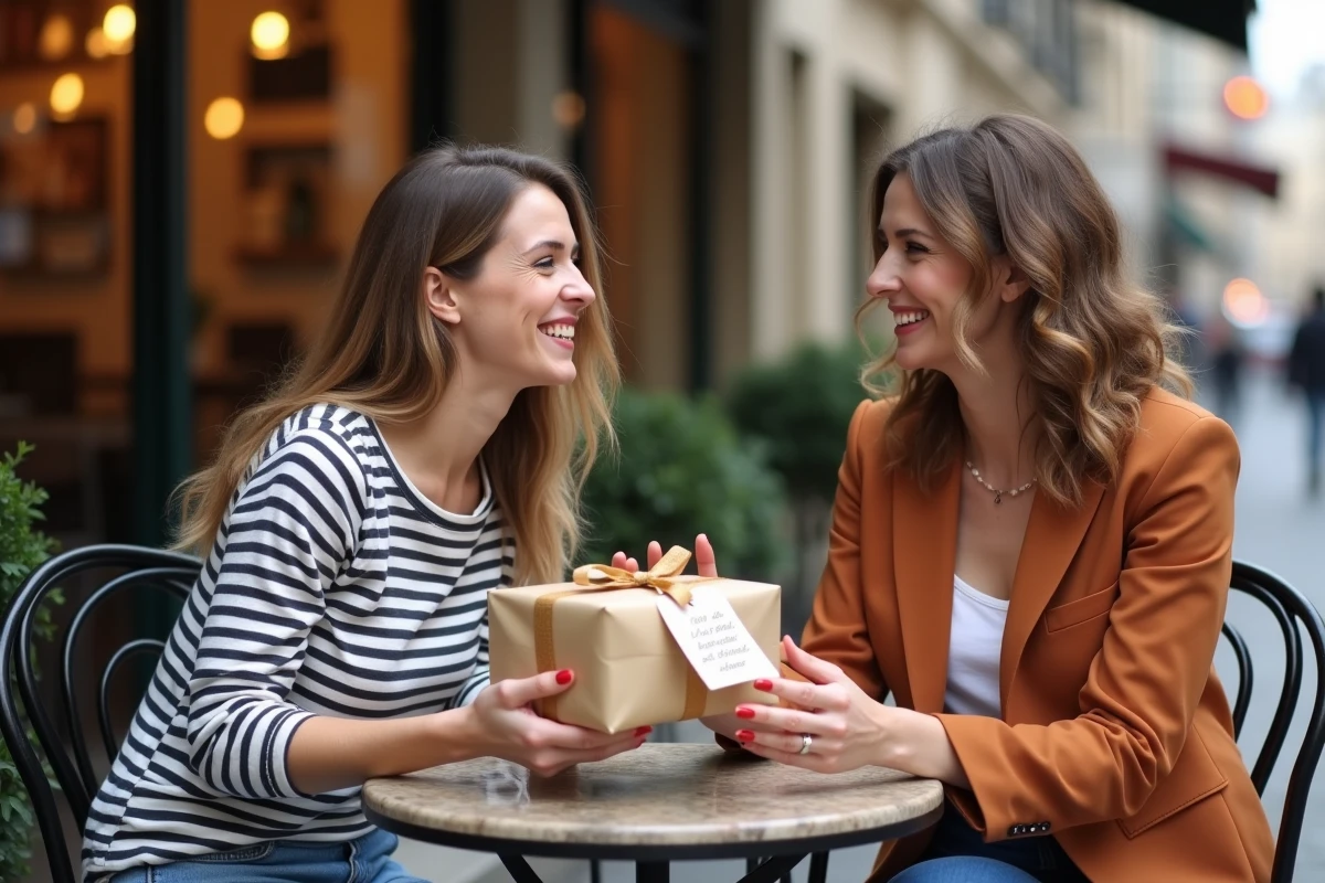 Deux amies riant autour d'un cadeau d'anniversaire en retard offert avec humour en terrasse de café parisien