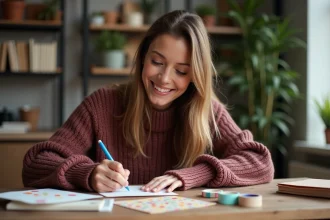 Femme écrivant une carte d'anniversaire en retard avec un sourire complice, entourée de fournitures créatives sur un bureau en bois