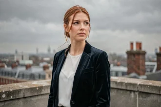 Chanteuse anglaise en blazer velours sombre sur un toit londonien, regard confiant sur fond de skyline urbaine