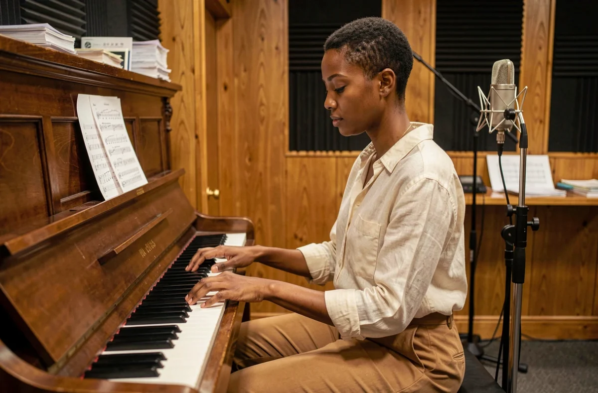 Chanteuse britannique au piano dans un studio d'enregistrement vintage, ambiance créative et authentique