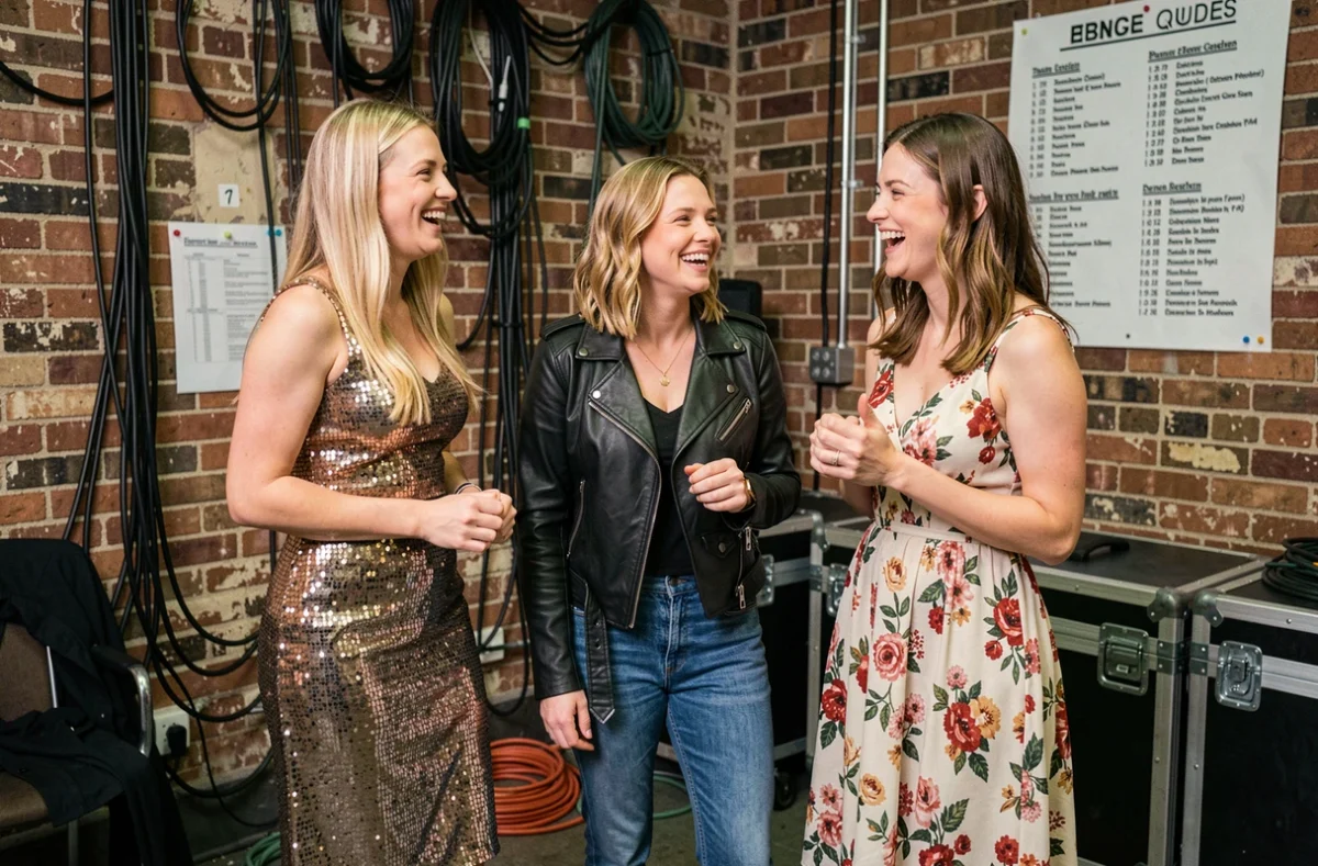 Trois chanteuses anglaises en coulisses d'une salle de concert, moment candide et spontané entre artistes