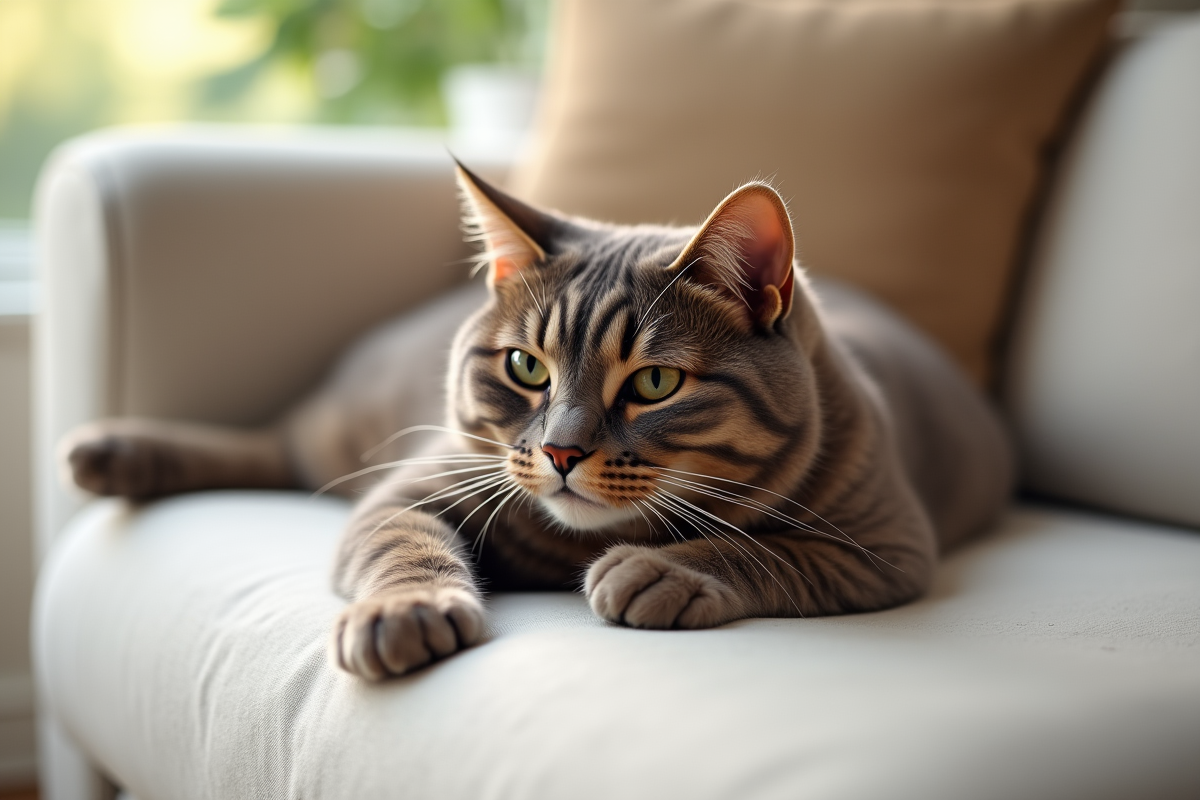 Chat british shorthair brun allongé sur un canapé blanc