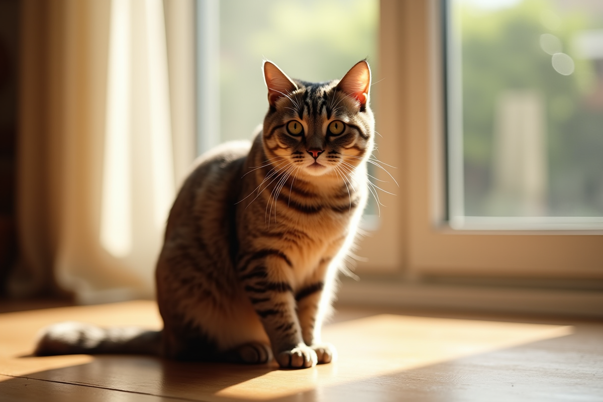 Chat british shorthair brun aux yeux dorés en lumière naturelle