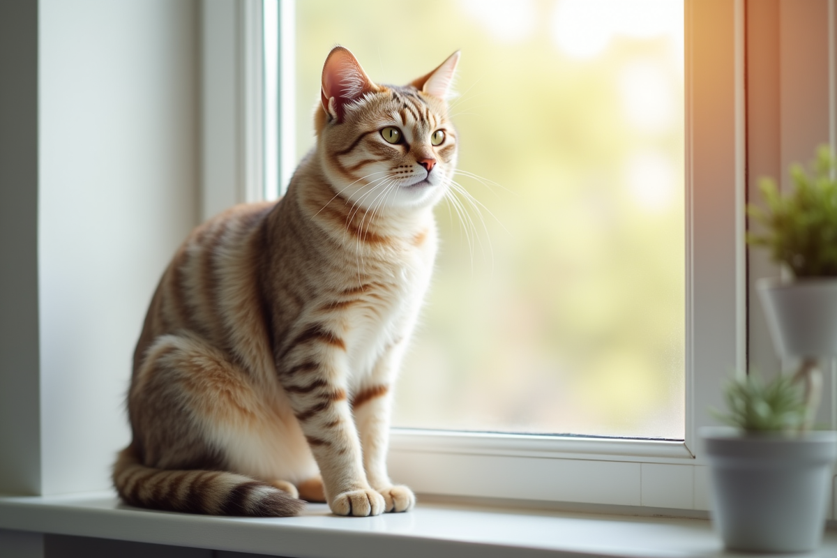 Chat hypoallergenique calme sur une fenetre lumineuse