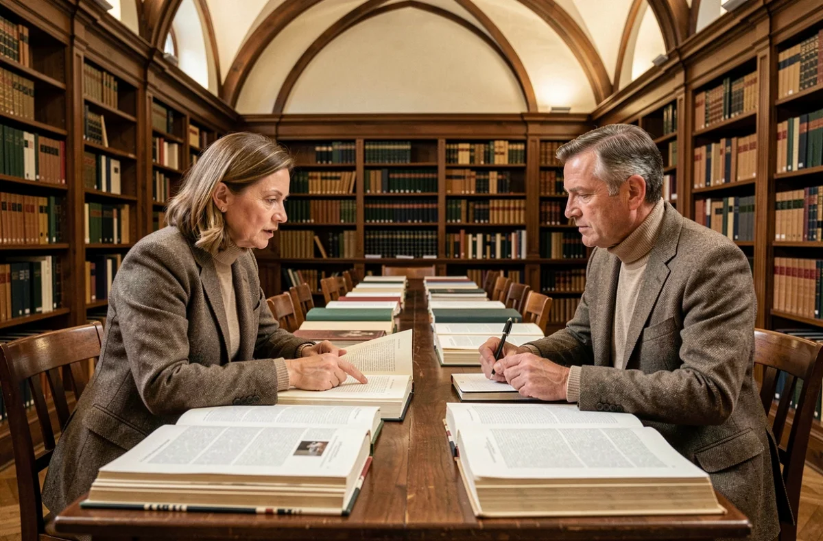 Deux chercheurs en veste de tweed discutant de textes académiques dans une bibliothèque universitaire ancienne, représentant l'analyse contemporaine de l'œuvre d'Alexander Pope entre foi et rationalisme