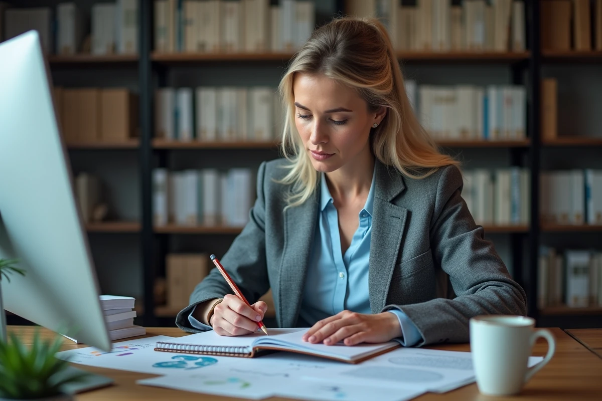 Chercheuse analysant des rapports scientifiques à son bureau dans un bureau académique, symbolisant le travail de veille et d'analyse quotidien d'une organisation de liaison sciences-société