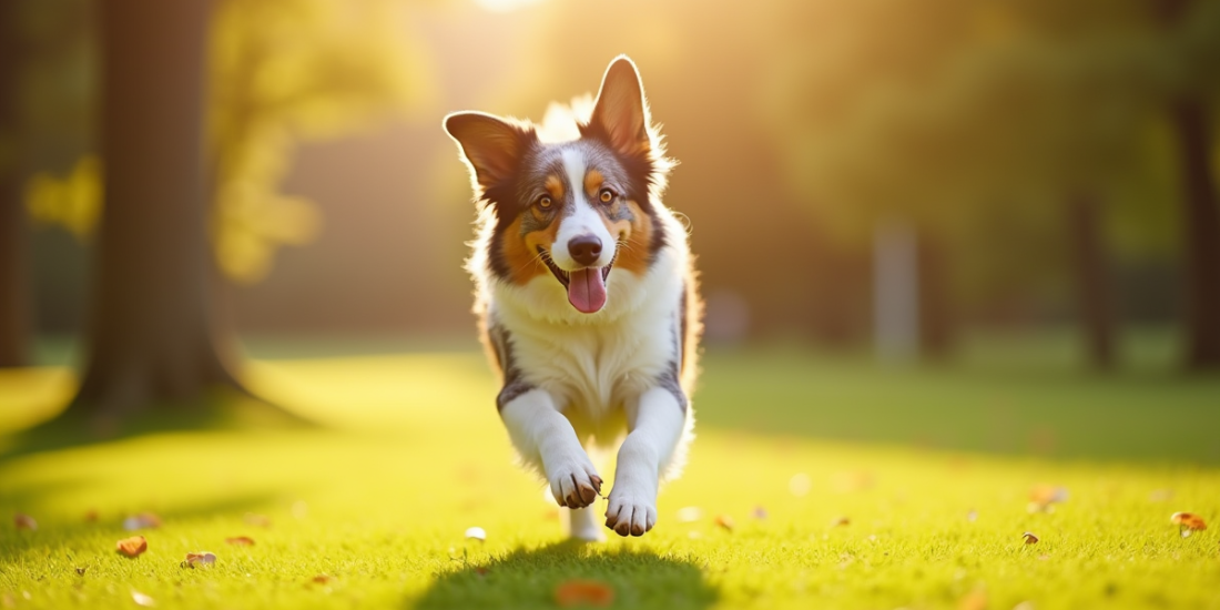 Australian Shepherd courant dans un parc ensoleille