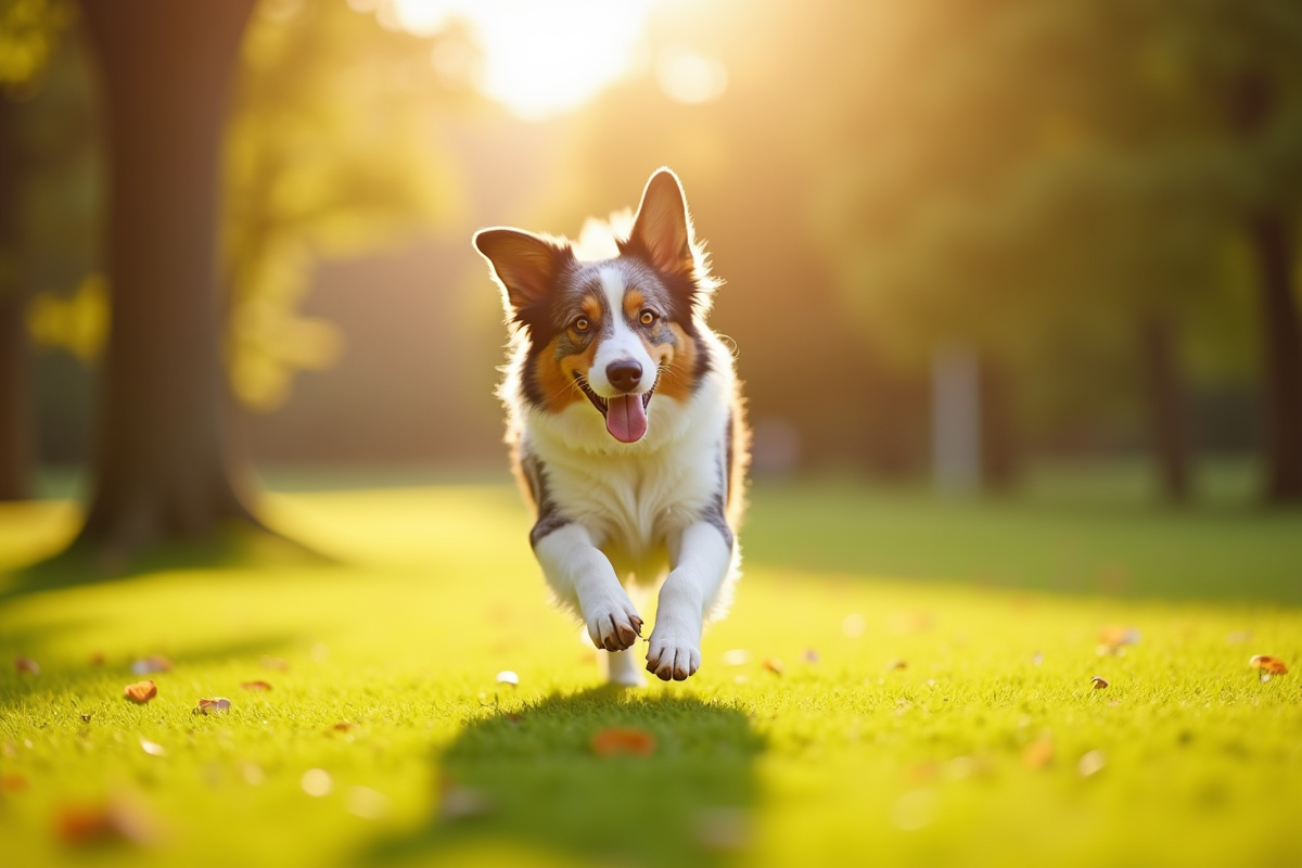 Australian Shepherd courant dans un parc ensoleille