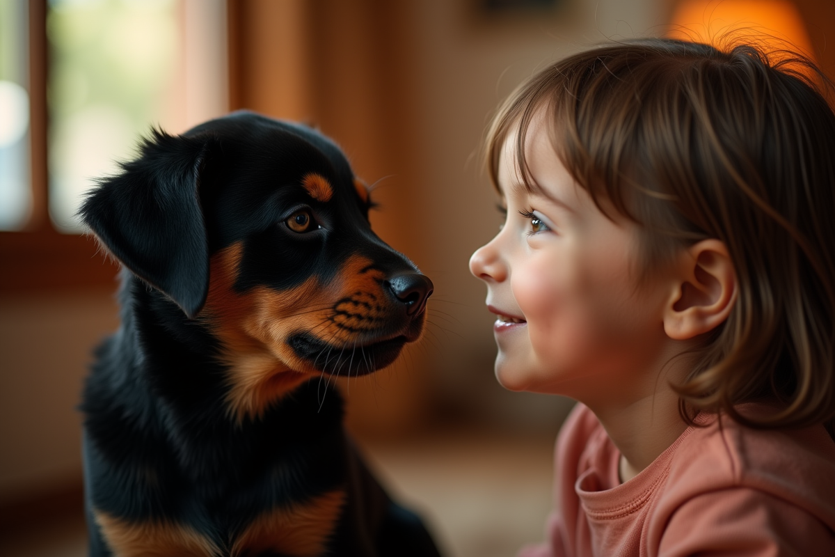 Chiot rottweiler regardant un enfant souriant en intérieur