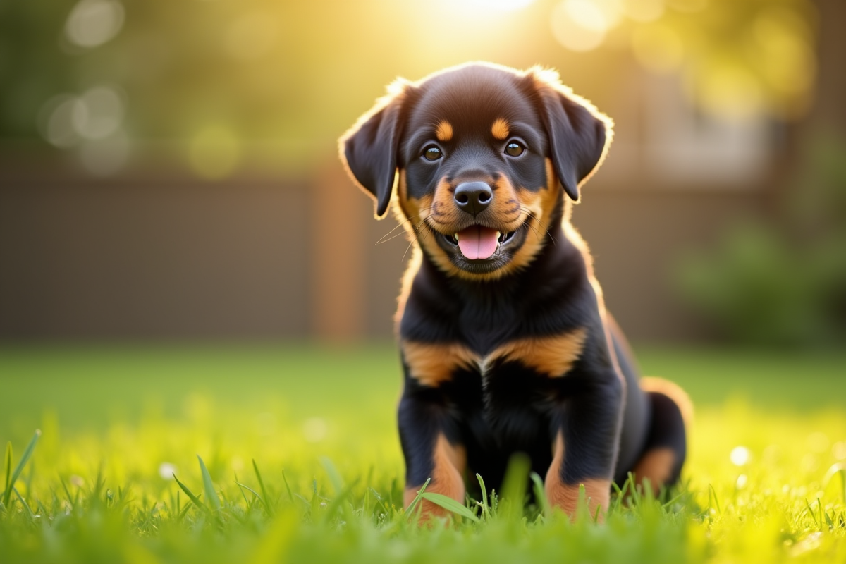 Jeune chiot rottweiler assis dans un jardin ensoleille